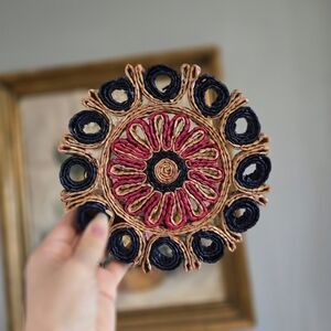 Woven Straw Pink Blue Flower Trivet Vintage